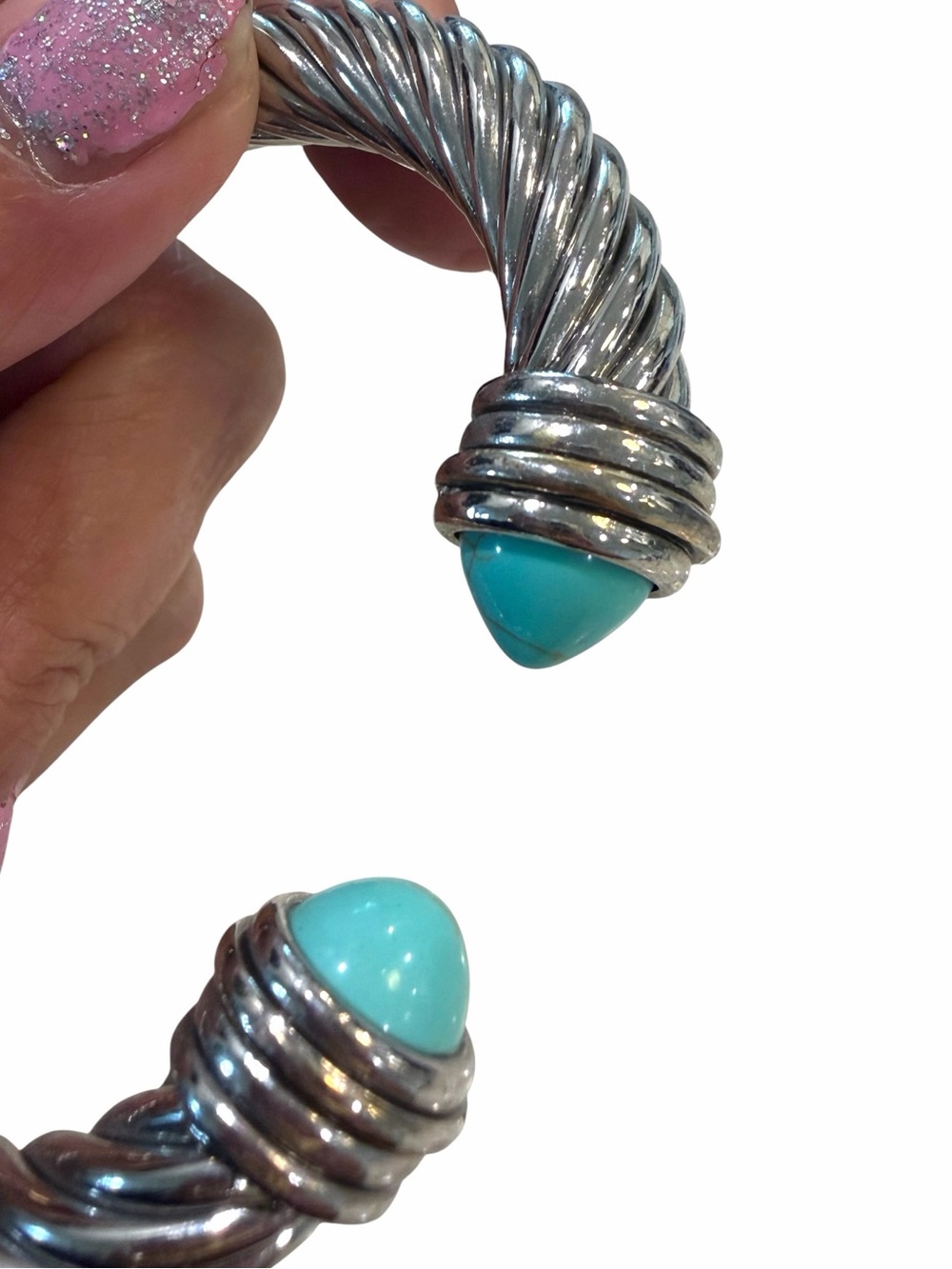 Chunky Silver-Tone Twisted Cable Hinged Cuff Bracelet with Faux-Turquoise Stones - Picture 3 of 7
